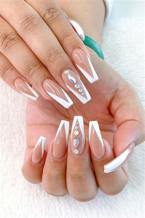 coffin french tip nails with rhinestones